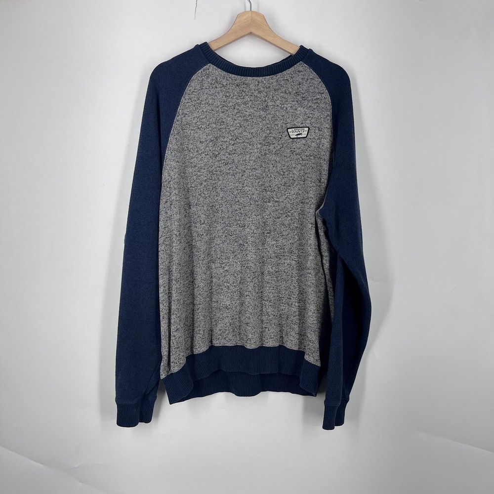Vans Off The Wall Mens XL Raglan Crewneck Sweater Navy Blue Heather Grey Knit
